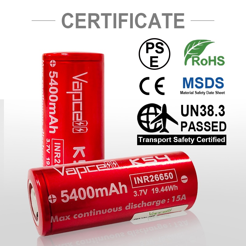 ถ่านชาร์จ 26650 Vapcell 5400mAh 3.7V 15A Max สีแดง 1 ก้อน