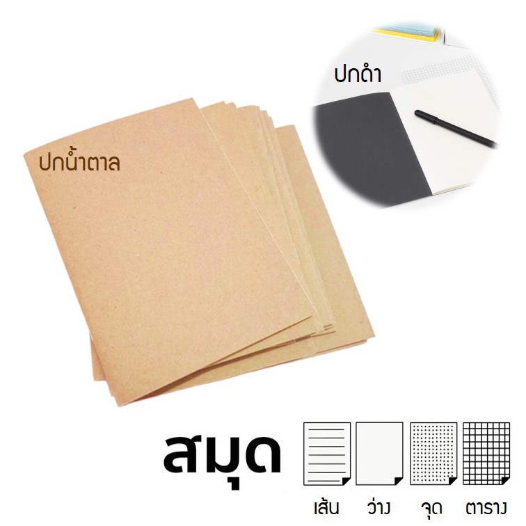 สมุดโน๊ต สมุดบันทึกปกดำ/ปกน้ำตาล (เนื้อถนอมสายตา) ลายตาราง,มีเส้น,ไม่มีเส้น 70 แกรม 32 แผ่น notebook