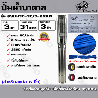 ปั๊มบาดาล Black Bull AC 3 HP 3เฟส 380v บ่อ 6 นิ้ว ท่อน้ำออก 3 นิ้ว รุ่น 6SDH30-30/3-2.2KW สายไฟยาว 30 เมตร