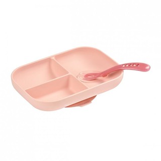 BEABA ชุดจานซิลิโคนแบบแบ่งช่อง พร้อมช้อนซิลิโคน Silicone Suction Divided Plate with Spoon - Pink