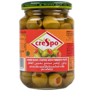 Crespo Green Olives Stuffed With Pimiento Paste 354g มะกอกเขียวสอดไส้พริกแดงในน้ำเกลือ 354กรัม