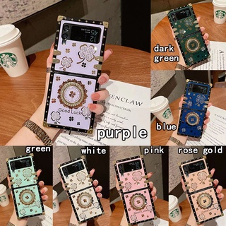 หรูหรา สําหรับ Samsung Galaxy Z Flip 3 4 เคสมือถือ Soft TPU Case เคสป้องกัน Mirror Trend Fashion Lucky Clover เคสพับ เคสโทรศัพท์ เทรนด์เชลล์ พร้อมขาตั้งแม่เหล็ก
