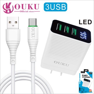 OUKU รุ่นQ3 หัวชาร์จ+สายชาร์จ 3USB 5A ชาร์จเร็ว สำหรับ for L/Micro USB/Type C พร้อมจอ LED พร้อมส่ง