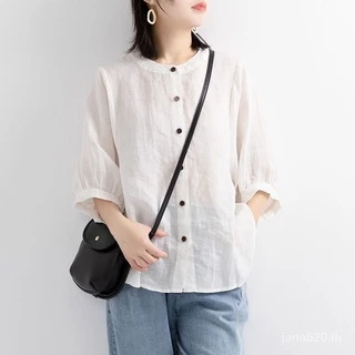 เสื้อเชิ้ตสตรีผ้าฝ้ายและผ้าลินินแขนแลนเทิร์นทรงหลวมขนาดใหญ่ Retro