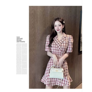 Plum Checker Dress Size L, XL เดรสสั้น เดรสสูท เดรสลายตาราง เดรสลายสก็อต ซับในทั้งชุด เดรสทำงาน เดรสเกาหลี เดรสคาเฟ่