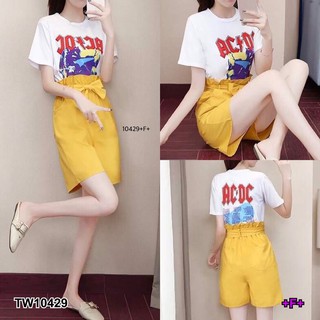 J10429 Set 2 ชิ้น เสื้อแขนสั้นลายกราฟฟิก + กางเกงเอวระบาย +สายผูก