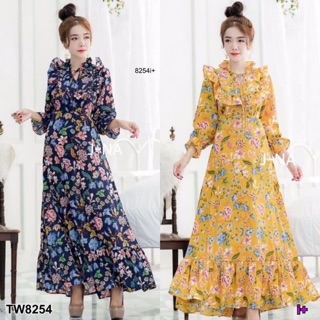 MaxiDress แม็กซี่เดรสแขนยาวพิมพ์ลายดอก ทรงตุ๊กตา ผ้าโรนัลโด้ ดีเทลอกแต่งระบาย ตรงคอผูกเชือก