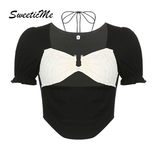 Sweeticme ใหม่ เสื้อสายเดี่ยว คอสี่เหลี่ยม แขนพัฟ แต่งผ่าข้าง ขนาดเล็ก สีตัดกัน สําหรับผู้หญิง 2022