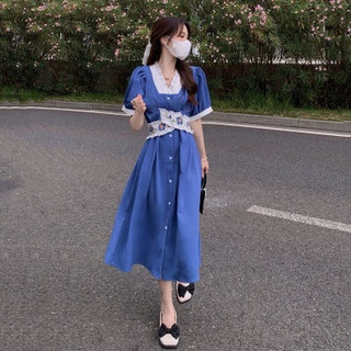 🔥Hot Sale/🌻💞 เดรสลูกไม้ปักครอสติส 2022 New Blue Temperament Design A-Line Midi Dress Women