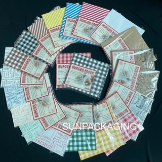 กระดาษห่อเบอร์เกอร์พิมพ์ลายสำเร็จรูป กระดาษรองขนม กระดาษรองเบเกอรี่(100 ใบ/แพ็ค) 12x12 นิ้ว