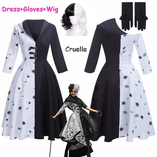 Cruella De Vil เครื่องแต่งกายคอสเพลย์ ชุดเดรสแม่บ้าน สีดํา สีขาว พร้อมถุงมือ มีฮู้ด วิกผม ปาร์ตี้ฮาโลวีน 2 สไตล์ สําหรับผู้หญิง