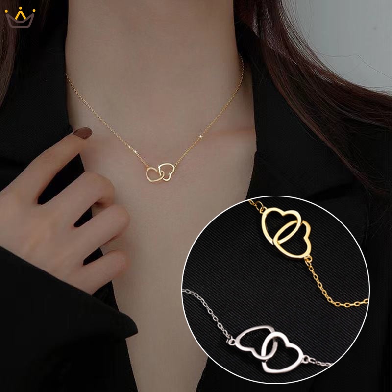 ส่วนบุคคล harajuku สไตล์ Double Heart สร้อยคอสําหรับผู้หญิงและผู้ชาย Gold/Silver สีสั้น Chain Love จ