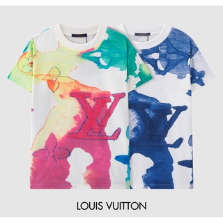 LV เสื้อยืดแขนสั้นผ้าฝ้ายพิมพ์ลายแฟชั่น Unisex