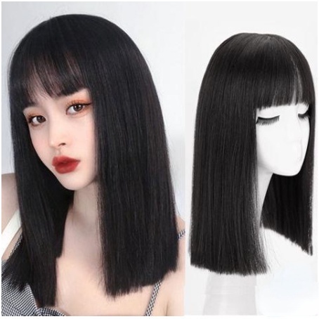 Lisa วิกผมผู้หญิง วิกผมสีดํา สไตล์เกาหลี ไหปลาร้าตรง วิกผมหน้าม้า ผมยาวปานกลาง วิกผมคลุมหัวเต็ม