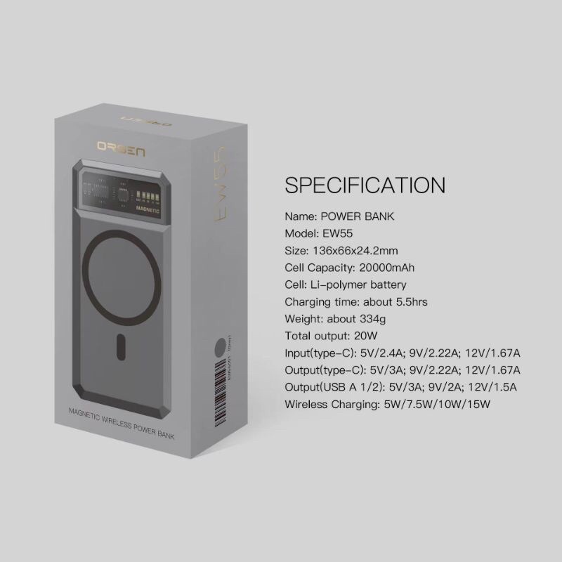 Orsen by Eloop EW55 PD 20W 20000mAh ชาร์แม่เหล็กไร้สาย Magnetic Wireless Power Bank ของแท้