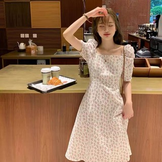 Sky ชุดเดรสลายดอก สีขาวสไตล์สาวเกาหลี สาวหวาน น่ารัก เดรสกระโปรงทรงยาวเลยหัวเข่า น่ารัก ผ้านิ่ม 001