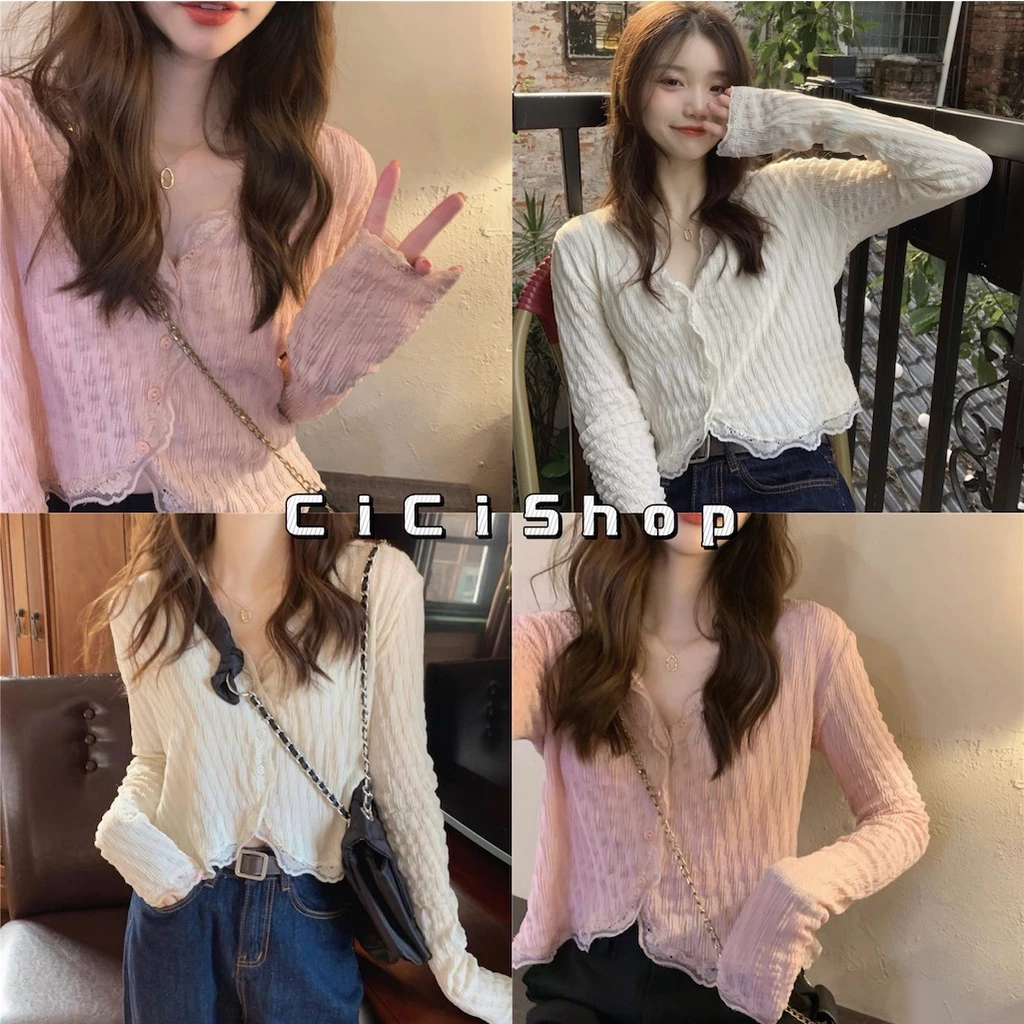 เสื้อแขนยาวไหมพรม คอวีกระดุมหน้า แต่งชายระบาย รุ่น 8X43/D59/122