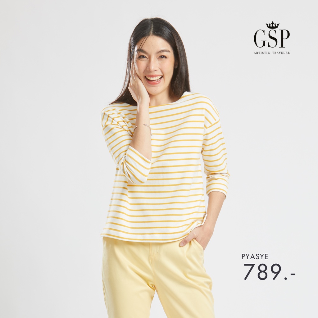 GSP เสื้อยืด เสื้อยืดผู้หญิง Lucky Stripes Blouse เสื้อยืดแขนยาวลายริ้วสีเหลือง (P9XBYE)