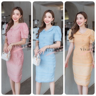 V81 เดรสผ้าทอลายขอพระราชทาน คอบัวน่ารัก สีหวานมาก