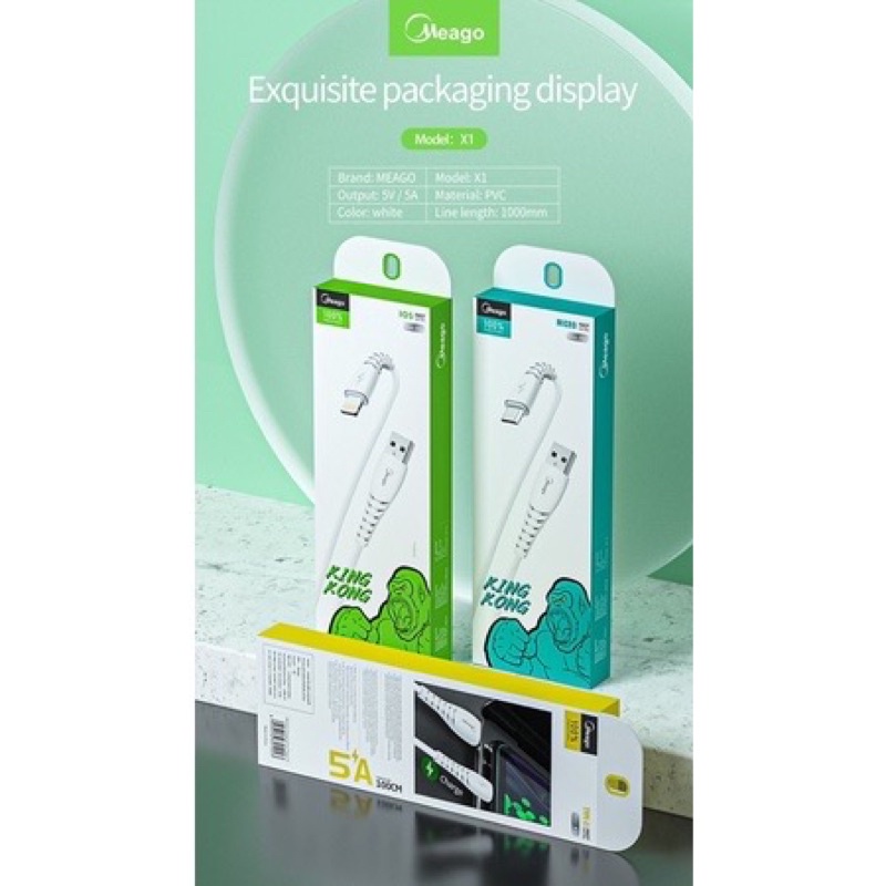 สายชาร์จ  USB ชาร์จเร็ว 5A รุ่น X1 ยี่ห้อ Meago สายยาว1000cm มี3รุ่น type-c/ iP / android