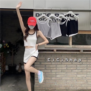 Cicishop(42027/42028)SET 2 ชิ้น เสื้อกล้าม+ กางเกงขาสั้นผ้าทอเนื้อแน่น น่ารักมุ้งมิ้งกิงก่องเเก้ว