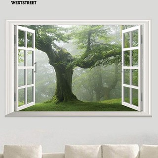 COD🔔Old Forest Tree 3D Window View ห้องนั่งเล่นสีเขียวสติ๊กเกอร์ติดผนังบ้าน DIY รูปลอก