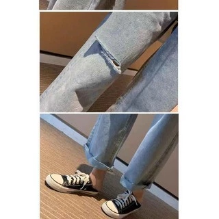 👖👖 MKL ⚡🚚 กางเกงยีนส์เอวสูง ขาบาน แต่งขาดสองข้าง 💖#8012