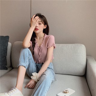 🧡พร้อมส่งจากไทย🧡 เสื้อครอปไหมพรมขอบระบาย แต่งกระดุมหน้า
