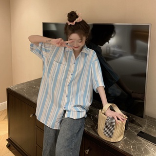 เสื้อเชิ้ตแขนสั้น ลายทาง สไตล์เกาหลี เรโทร โอเวอร์ไซซ์ สําหรับผู้หญิง