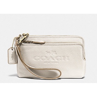 แท้ F52556 COACH SIGNATURE COATED CANVAS DOUBLE CORNER ZIP หนังนุ่ม สีสวย น่ารัก สีชอล์ค กระเป๋า 2 ซิบ คล้องมือ