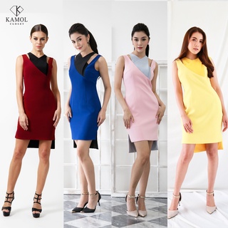 Kamol Closet – Mira Dress เดรสทำงาน ชุดออกงาน ปาร์ตี้ เดรสเข้ารูป แขนกุด คอวี ทูโทน ดีไซน์ไม่สมมาตร