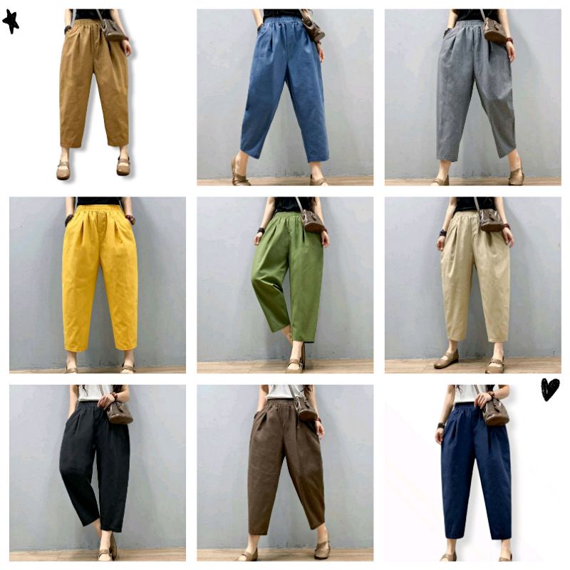 กางเกงผ้าฝ้ายผสมลินิน ทรงบอลลูน กางเกงสาวอวบ กางเกงทรงบอย เอว26-36นิ้ว