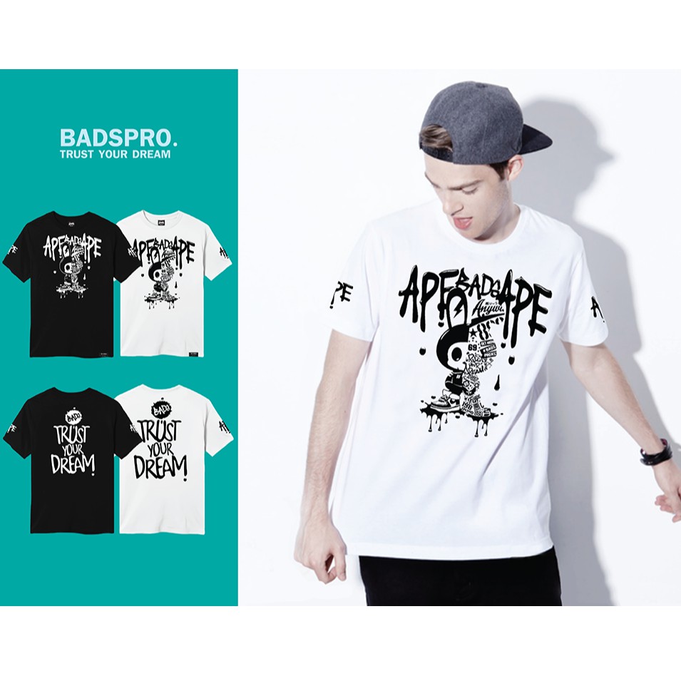 lUGb Just Say Bad ® เสื้อยืดลาย แนวสตรีท  รุ่น APE ดำ ขาว ( ลิขสิทธิ์แท้ ) แขนสั้น เสื้อยืดชาย หญิง 