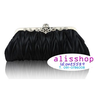 พร้อมส่ง Evening Clutch กระเป๋าออกงาน สีดำ ผ้าซาตินอัดพลีต ลายฟันปลา พร้อมสายโซ่ สั้นและยาว