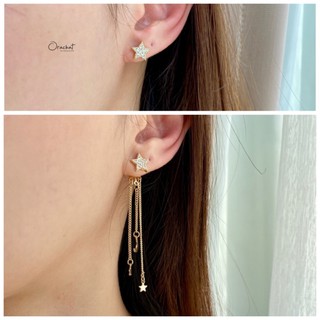 Golden shooting star java earrings. (ต่างหูแบบติดหู + ทับหลัง ใส่ได้ 2 แบบ งานชุบทองคำขาว เพชร CZ)