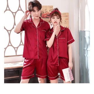 3333 SPS ชุดนอนสตรีแบบแขนสั้นกับกางเกงขาสั้น ติดกระดุมด้านหน้า คอปก ผ้าซาติน สีพื้น