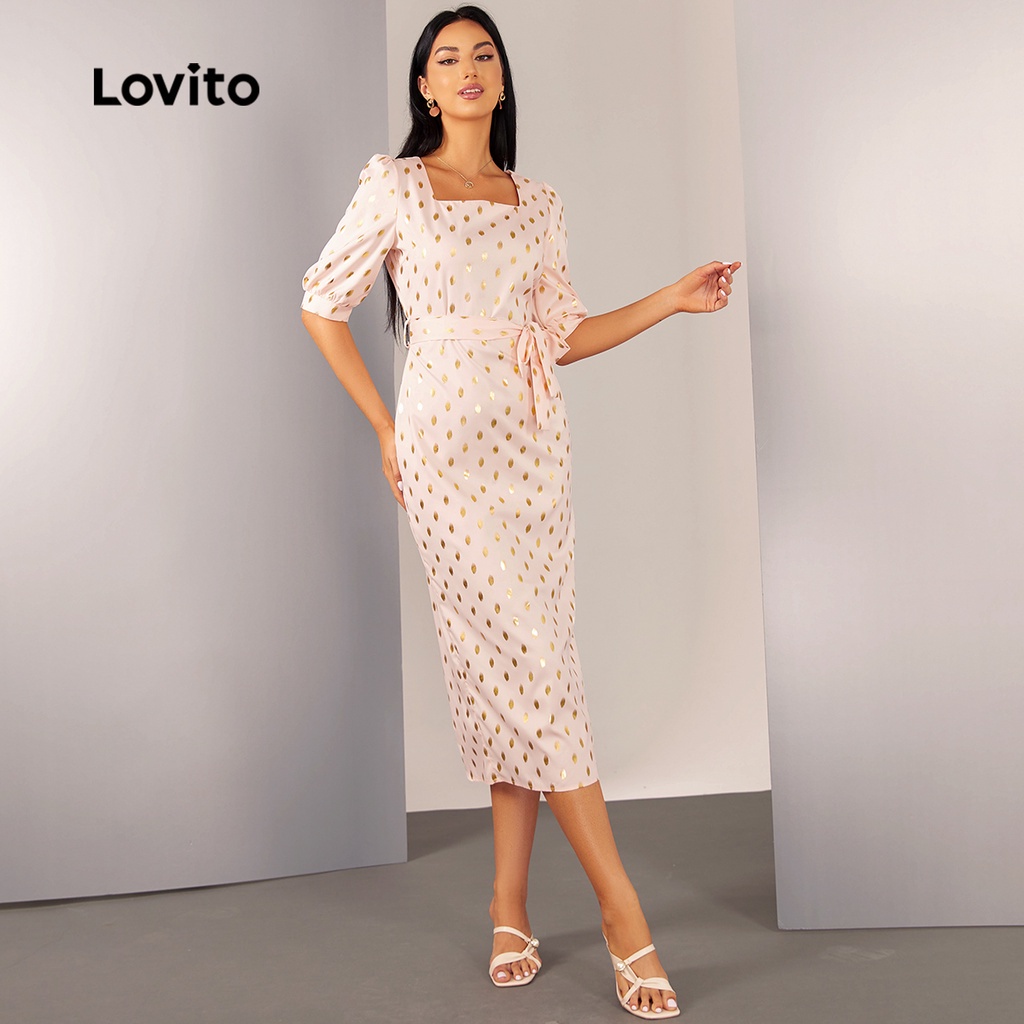 Iou Lovito ชุดเดรสครึ่งแขนคอปกสี่เหลี่ยมลายจุดหรูหรา L20D1518