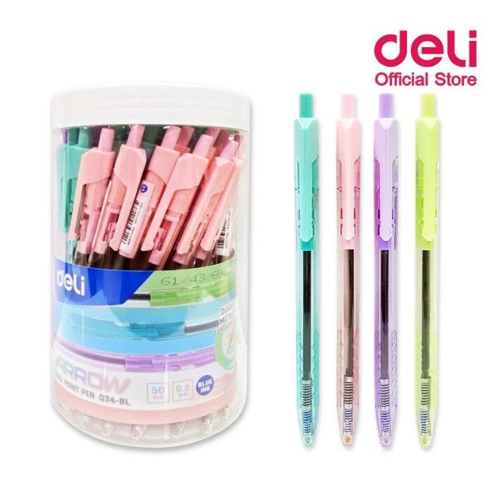 Deli ปากกาลูกลื่น หมึกน้ำเงิน / หมึกแดง เส้น 0.5mm บรรจุ 50 แท่ง/กระปุก สุดค้ม ปากกา เครื่องเขียน ปากกาเขียนดี