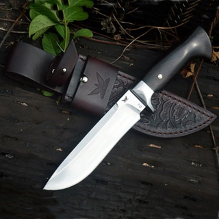 มีดใบตาย (fixed blade) มีดเดินป่า เหล็ก D2 มีดแคมป์ ด้ามไม้แท้ (ebony) ซองหนังแท้