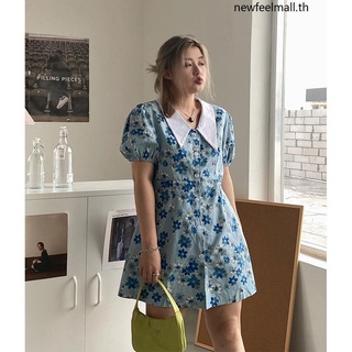 ใหม่ ชุดเดรสแขนพอง คอตุ๊กตา ลายดอกไม้ สไตล์ฝรั่งเศส พลัสไซซ์ สําหรับผู้หญิง