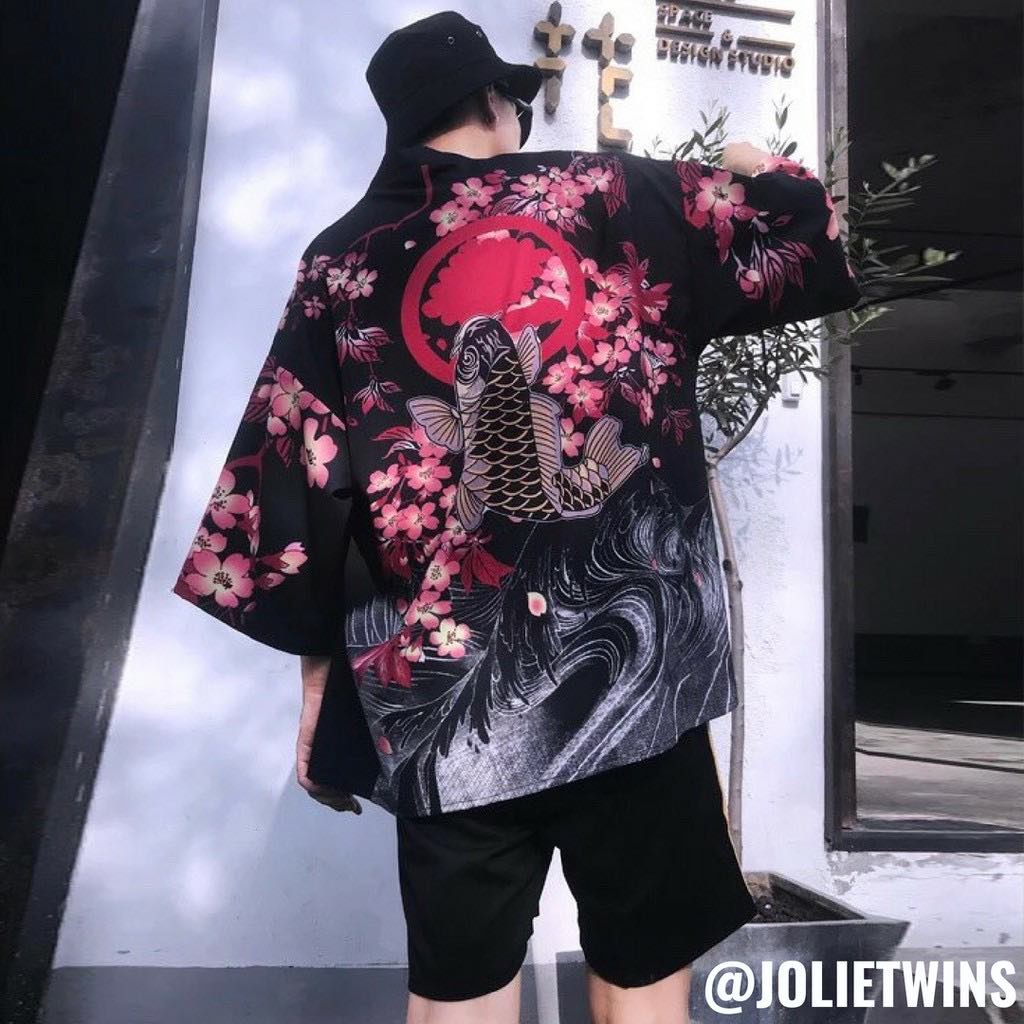 พร้อมส่ง❣️PP เสื้อกิโมโน ฮาโอริ ลายปลาคาร์พพื้นดำโทนเขียว 67011 67012