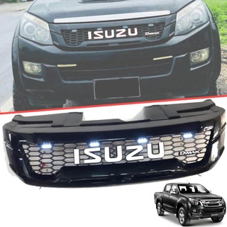 กระจังหน้า หน้ากระจัง มีไฟ LED 4 จุด รุ่น อิซูซุ ดีแม็กซ์ ISUZU D-MAX DMAX ปี 2012 - 2014 สีดำ โลโก้ขาว ไฟสีขาว