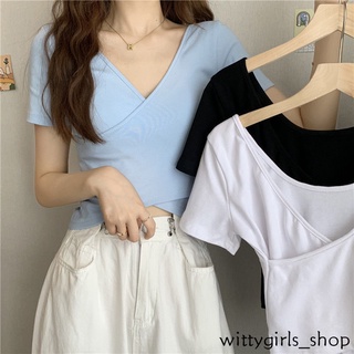 Wittygirls-shop_เสื้อยืดครอปท็อป แขนสั้น สีพื้น ทรงสลิม แฟชั่นฤดูร้อน สําหรับผู้หญิง