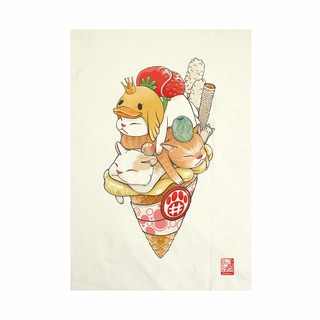 Icecream Cat Canvas Fabric No Frame / ผ้าแคนวาส พิมพ์ลาย  แมวไอศกรีม ไม่มีกรอบขนาด 34.5x48.5 ซม.