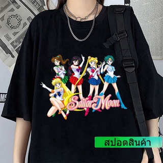 ROUND คอลูกเรือSAILOR MOON เสื้อยืดพิมพ์ลายการ์ตูนเซเลอร์มูนแฟชั่นสไตล์เกาหลีสําหรับผู้หญิง-4XL