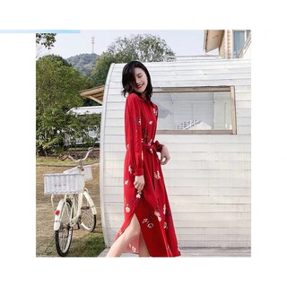 ❤️❤️New!!! ❤️❤️Red Lucia Dress แม็กซี่เดรสคอปก ผ้าสกีนลายสวยงามงานแบรนด์
