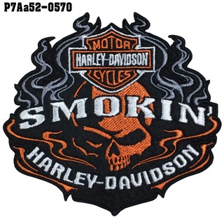 อาร์มติดเสื้อ ตัวรีดติดเสื้อ อาร์มปักลาย HARLEY SMOKIN /Size 10*9cm #ปักขาวส้มดำเทาพื้นดำ รุ่น P7Aa52-0570