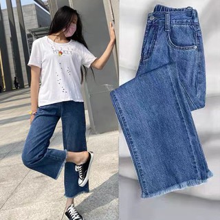 Girls jean กางเกงยีนส์ผู้หญิงแฟชั่น เอวสูง ทรงตรง ขาสอบ ปลายขารุ๋ย สีฟ้า