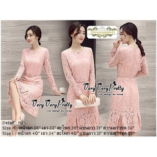 **เดรสพร้อมส่ง** Vintage Embroidery Pink Lace Dress With Belt