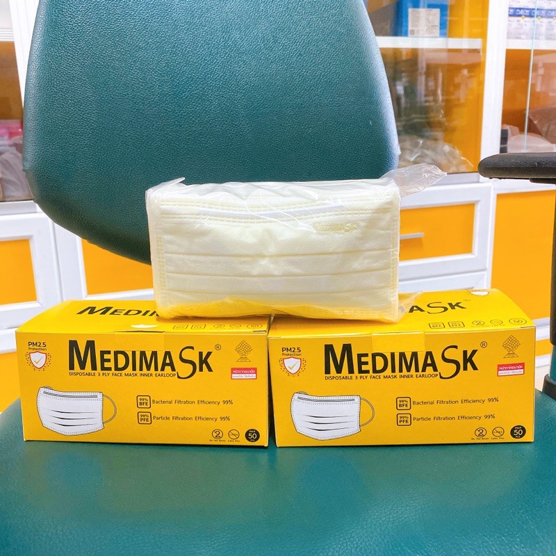 ใหม่!! หน้ากากอนามัย Medimask สีเหลือง 1 กล่อง 50 ชิ้น แท้ 100%